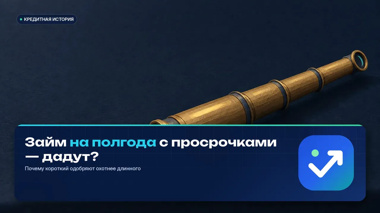 Латунная выдвижная подзорная труба лежит на тёмно-синей столешнице, её секции вытянуты на всю длину, а дальняя линза поймала бирюзовый блик — метафора длинного срока, на который МФО смотрит вперёд и оценивает весь путь заёмщика.