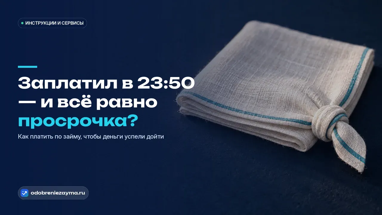 Белый льняной платок с бирюзовой полосой и туго завязанным узелком на углу лежит на тёмно-синей каменной плите — напоминание, поставленное заранее, до даты платежа.