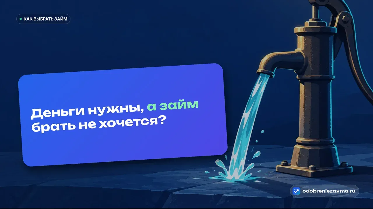 Старая чугунная ручная водяная колонка на тёмно-синей плите: из носика ровной струёй бежит чистая вода, которую качают своим усилием, — метафора денег, которые у человека уже есть и которые можно достать самому, не занимая.