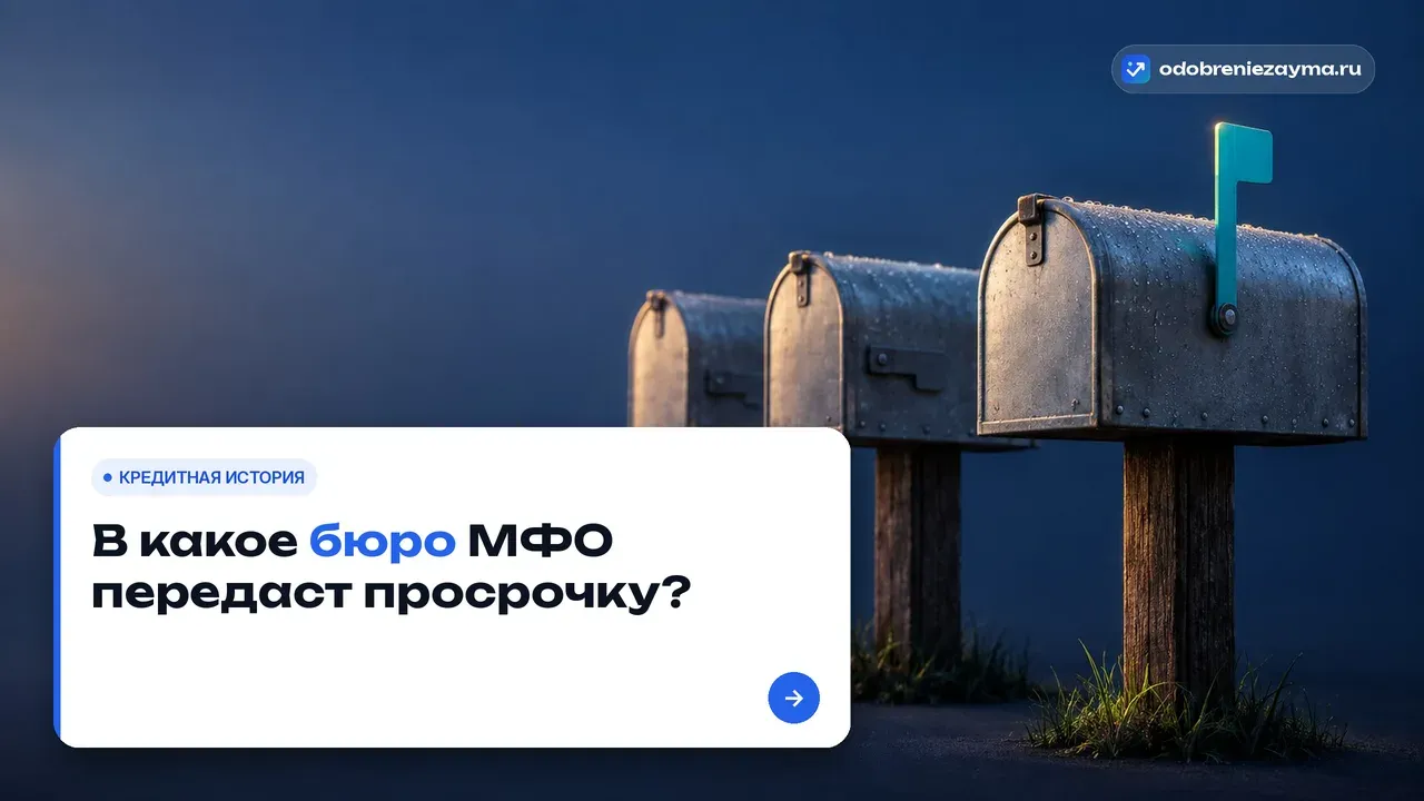 Три одинаковых придорожных почтовых ящика в ряд: у одного поднят бирюзовый сигнальный флажок, у двух других флажки опущены — метафора того, что сведения о займе уходят не во все бюро кредитных историй.