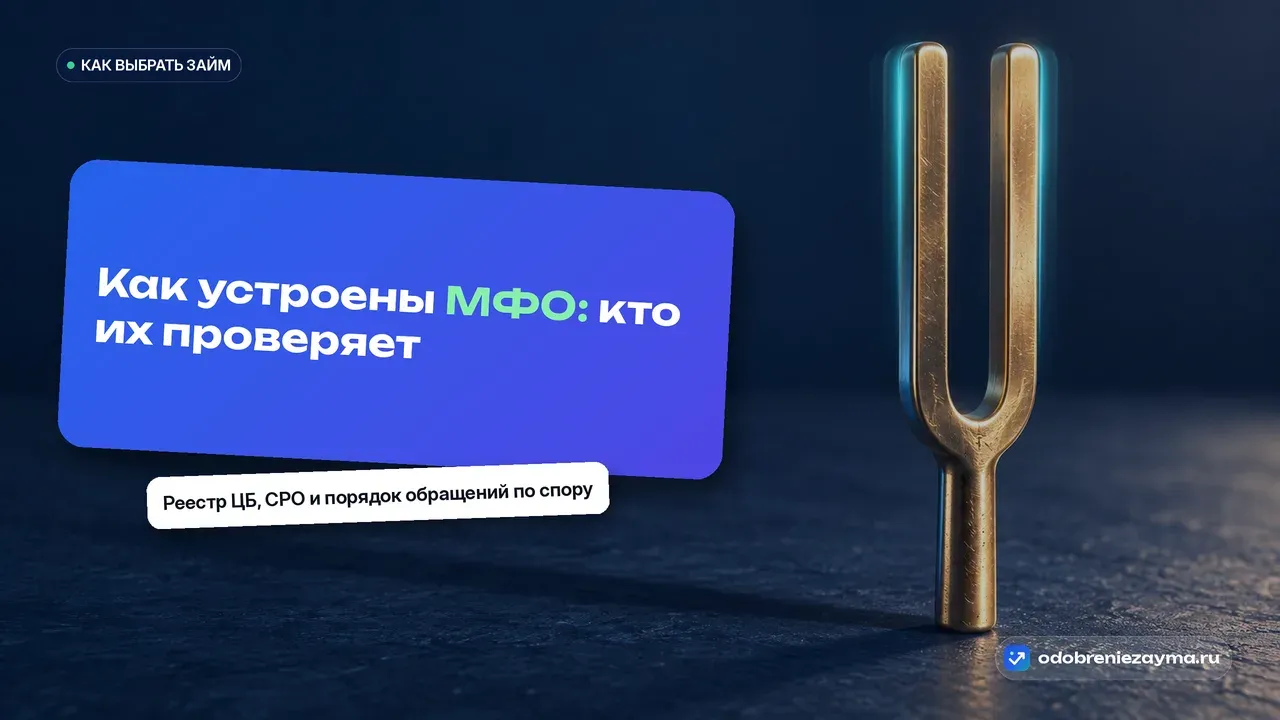 Латунный камертон на тёмно-синей столешнице, зубцы застыли в вибрации — метафора единого эталона, по которому настроена вся микрофинансовая отрасль