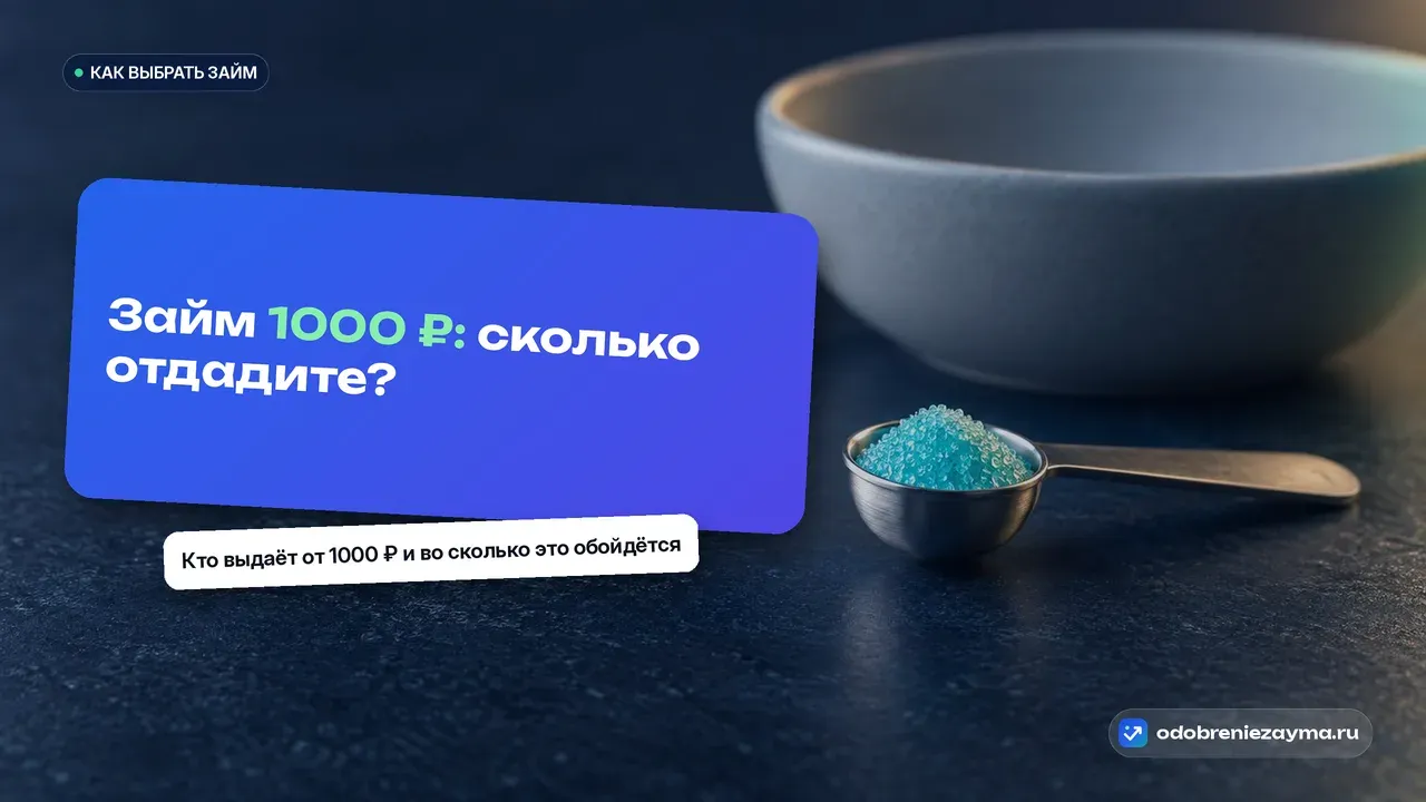 Маленькая стальная мерная ложечка с крошечной горкой бирюзовых гранул на тёмно-синей плите, рядом не в фокусе большая пустая миска — метафора минимальной суммы займа.