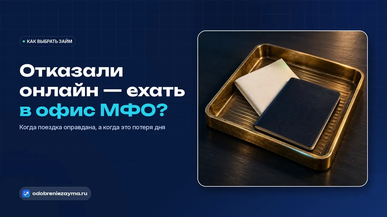 Латунный кассовый лоток на тёмной стойке обслуживания: в нём закрытый паспорт и сложенный вдвое лист договора — в отделении всё проходит через руки