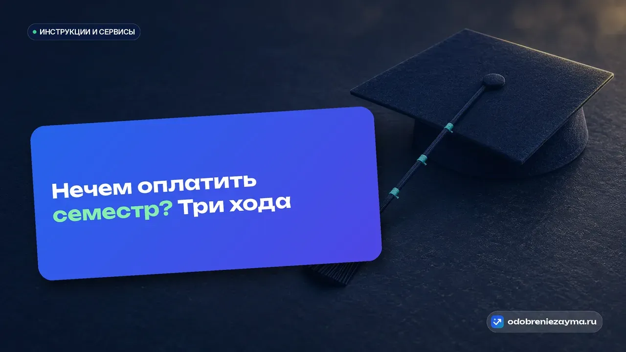 Академическая шапочка-конфедератка тёмно-синего фетра на тёмной каменной плите, её длинная кисть вытянута по столу и перехвачена бирюзовой нитью на равные отрезки — метафора платы за учёбу, разбитой на части.