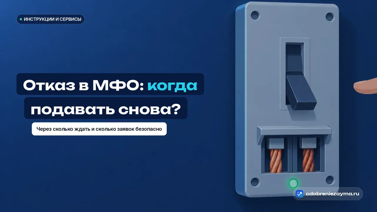 На тёмной панели автоматический выключатель выбит в положение «выкл», рядом ждёт рука — сразу вернуть тумблер бессмысленно, сначала надо убрать нагрузку и выждать; метафора паузы перед повторной заявкой.