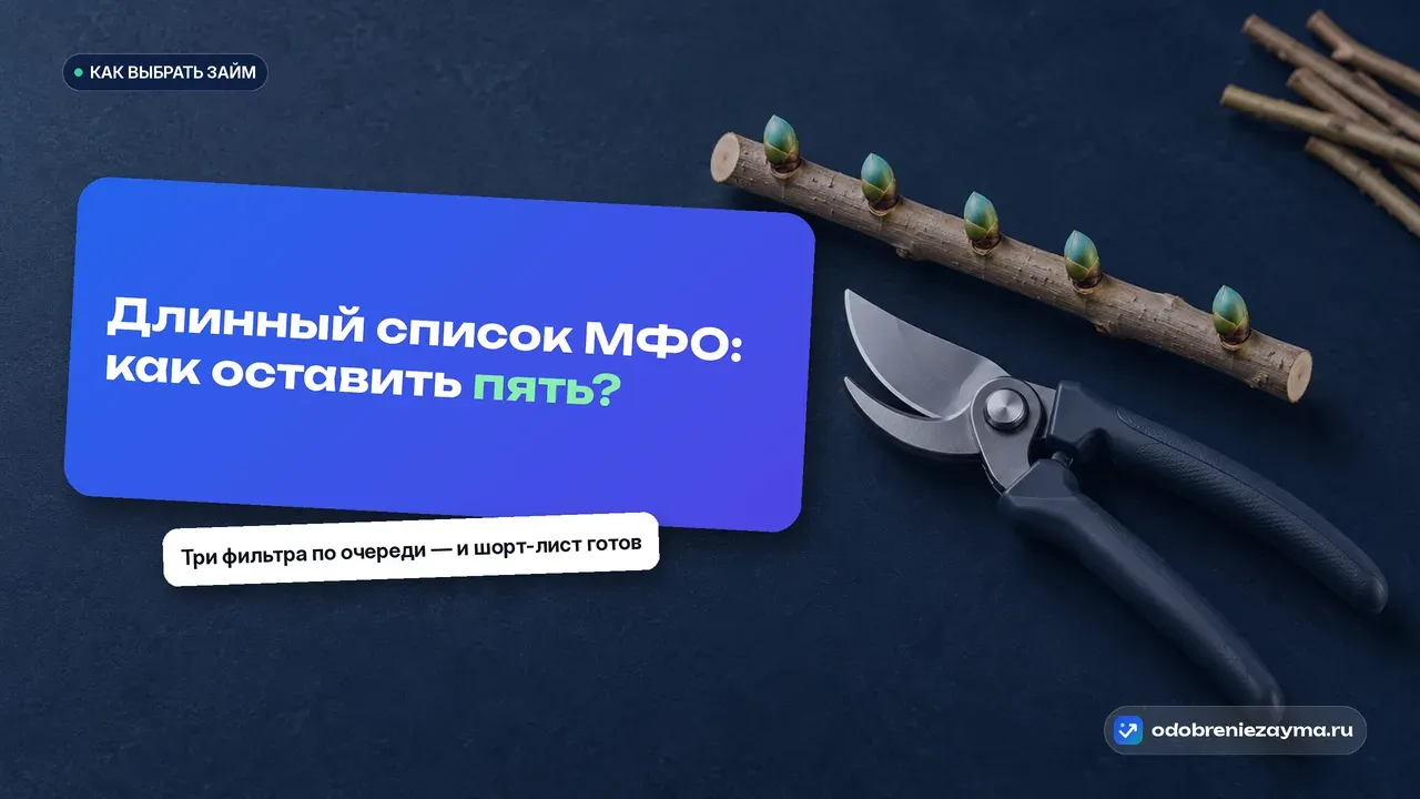 Стальной садовый секатор лежит на тёмно-синей столешнице рядом с обрезанной веткой, на которой оставлены ровно пять крепких почек, а срезанные побеги сложены в стороне — метафора отсева длинного списка до короткого.