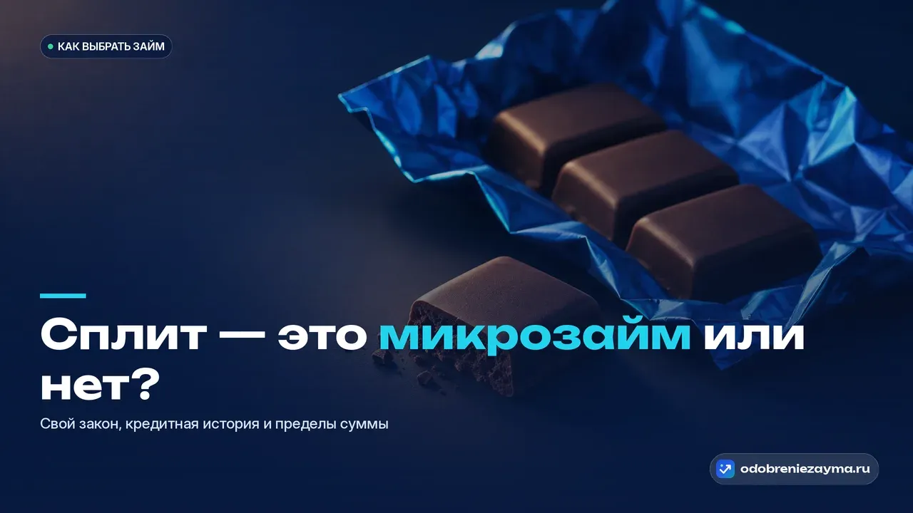 Плитка тёмного шоколада в синей фольге, разломленная на четыре равные дольки: ближняя долька отодвинута вперёд и освещена тёплым светом — метафора оплаты равными частями