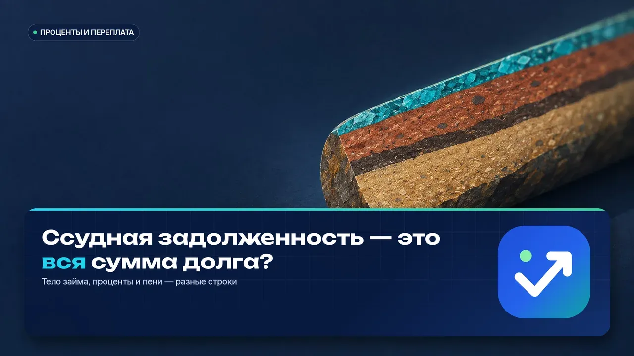Геологический керн, разрезанный вдоль, на тёмно-синей плите: на срезе видны четыре слоя породы разной толщины — метафора одной цифры долга, внутри которой тело займа, проценты, просроченные проценты и неустойка.