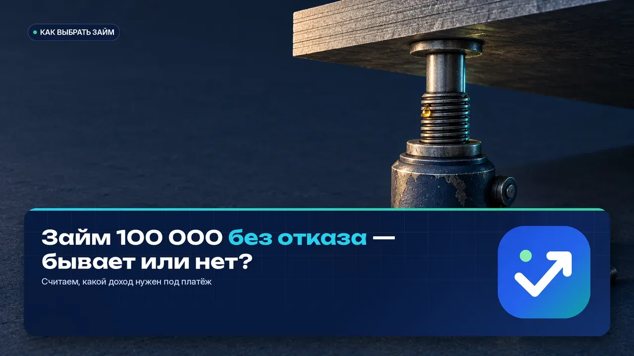 Стальной бутылочный домкрат с наполовину выдвинутым штоком один удерживает на весу толстую стальную плиту — метафора крупной суммы, которую поднимает не мгновенное решение, а опора в виде дохода и срока.