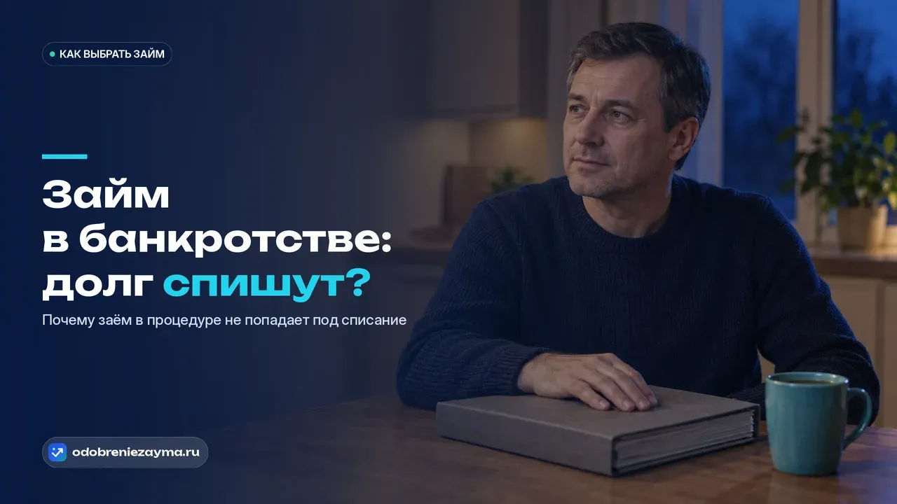 Мужчина поздним вечером сидит на кухне над закрытой папкой с документами по делу о банкротстве — спокойно, без паники, решение уже принято.