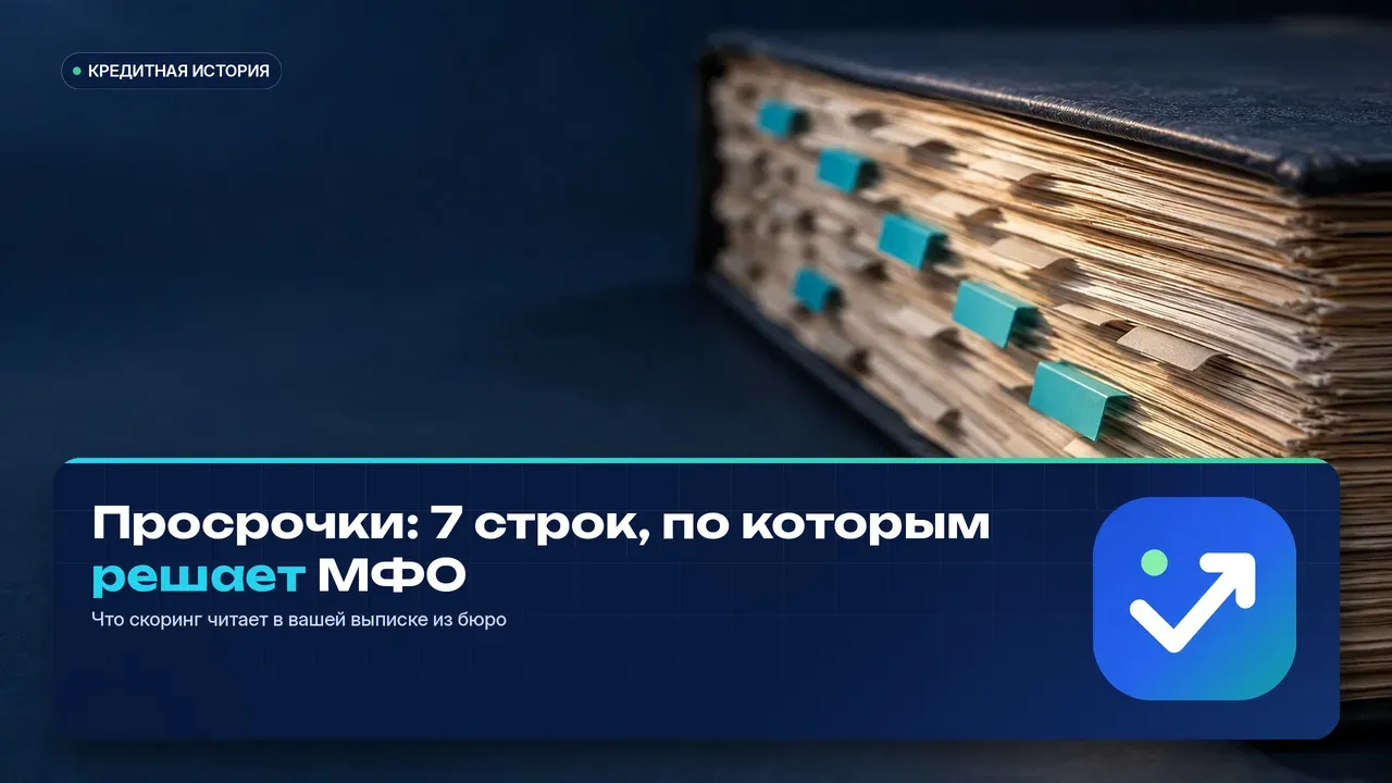 Торец толстой подшивки бумаг: из плотного среза листов выступают блёклые закладки и семь ярких бирюзовых — метафора семи полей выписки, которые читает скоринг