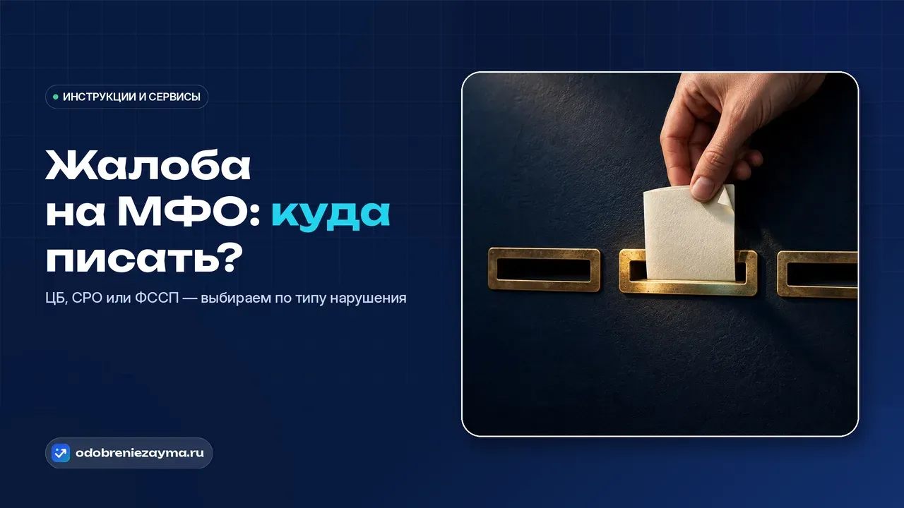 Три латунные приёмные прорези в тёмно-синей стене, лист-обращение опускается ровно в одну из них — метафора выбора правильного адресата для жалобы.